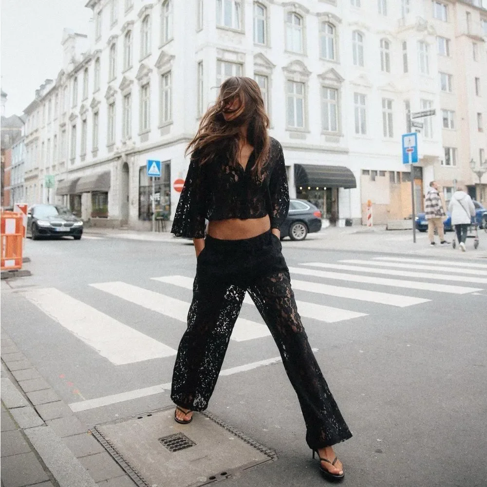 Zara Sheer Lace Black Crop Top Size XS - Picture 4 of 11